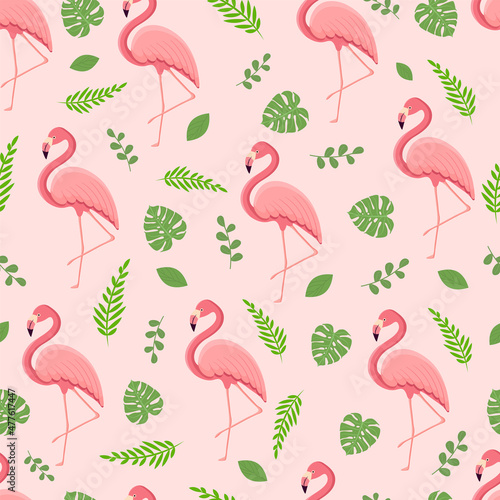 Seamless pattern with tropical bird flamingo, leaves and monster. Texture with a bird for textiles, wallpaper, print design, clothes postcards. Vector illustration.