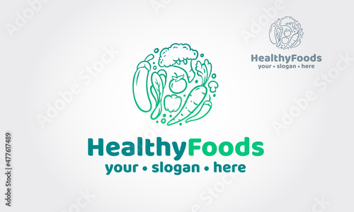 Healthy Foods Vector Logo Template. This logo is great for vegetarian site, diet blog, fruit and vegetable distributor, grocery store, organic products, summer festival, etc.