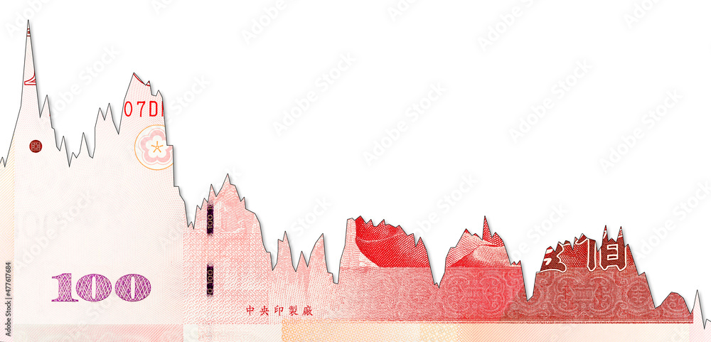 100 taiwan dollar bank note decline graph indicating exchange rate with copyspace on white background
