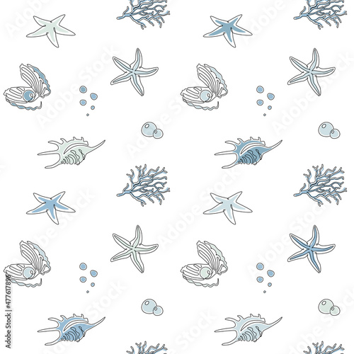 Abstract seamless pattern of sea shells and starfishes and underwater animals. Elegance outline seashells scallop and corral in white background. Modern wallpaper. Doodle vector illustration