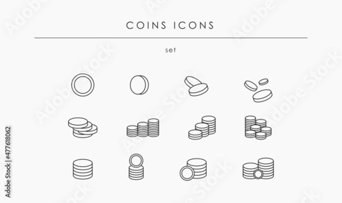 Set of related Coins icons for money and business. Vector coins flat symbols with black outlines. Editable stroke. Finance and currency exchange. Banking, investment, and payment linear icon vector
