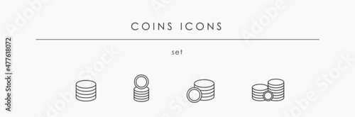 Linear black coins set for business and finance vector. Stack of coins with thin black outlines and editable stroke vector