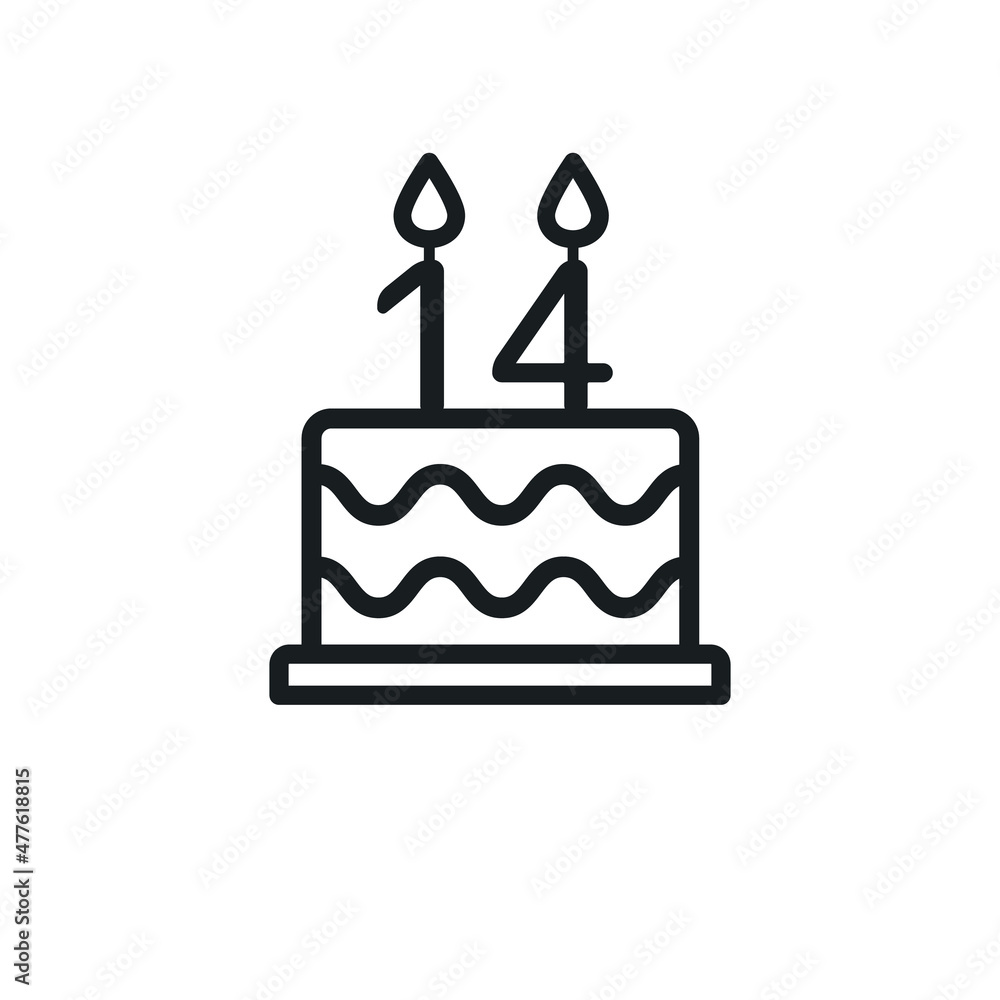 Birthday cake lined icon with candle number 14. Vector. Birthday cake lined icon with candle number 14. Vector.