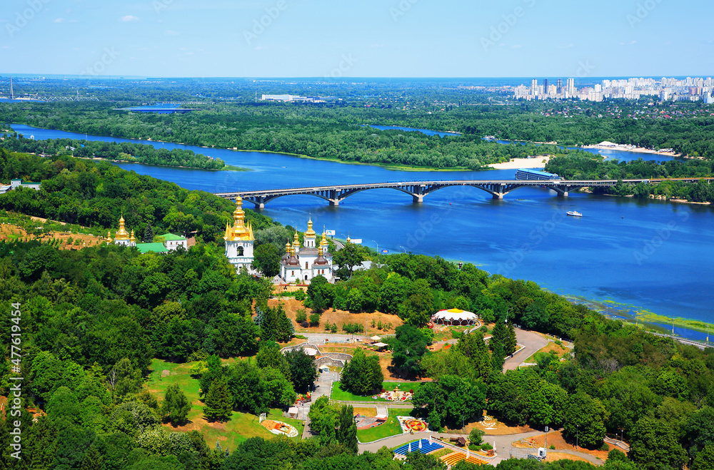 Panoramic view of Kiev with Monastery of the Caves and River Dnerp, Ukraine.