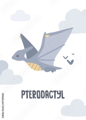 Cute little pterodactyl dino in the sky. Doodle print with dinosaur an cloud for nursery poster.