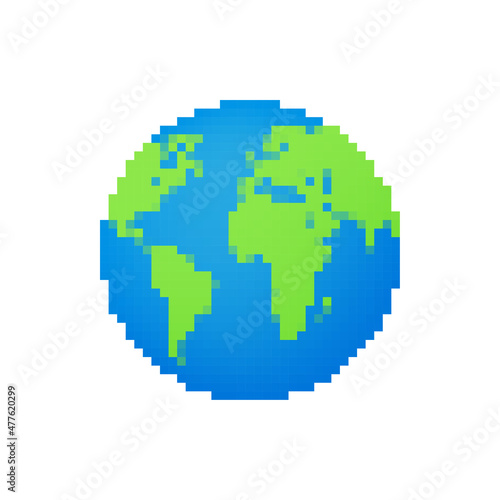 Set Earth globes isolated on white background. Pixel style planet Earth icon. Vector stock illustration.