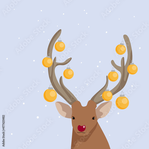 Christmas and New Year design deer head with Christmas toys on the horns. Winter holiday postcard.