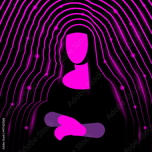 Canvastavla Abstract neon digital art with Mona Lisa outline silhouette.