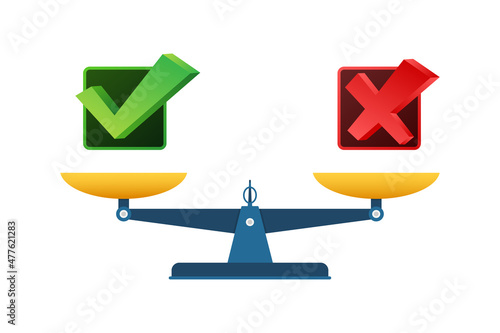 Cartoon illustration with red scale yes and no for concept design. 3d vector. Isometric vector illustration. Business concept.