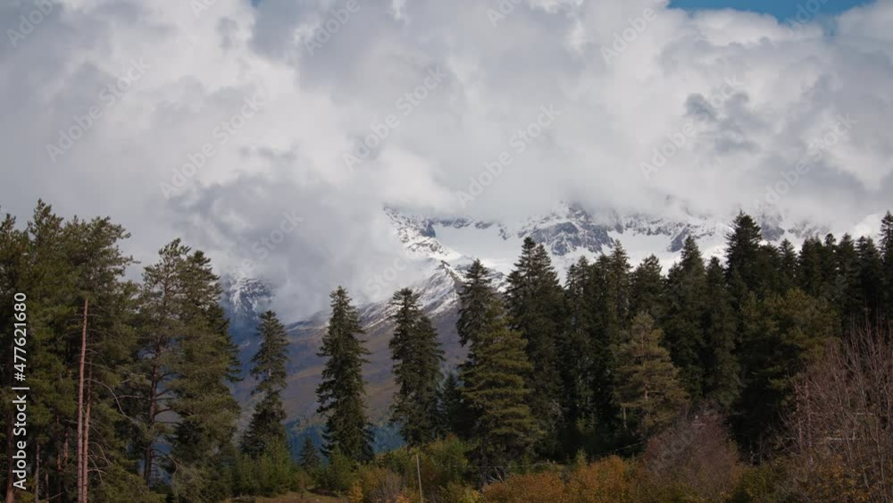 Epic clouds covering snowy mountain peaks next to high pine trees forest. Epic clouds covering snowy mountain peaks next to high pine trees forest.