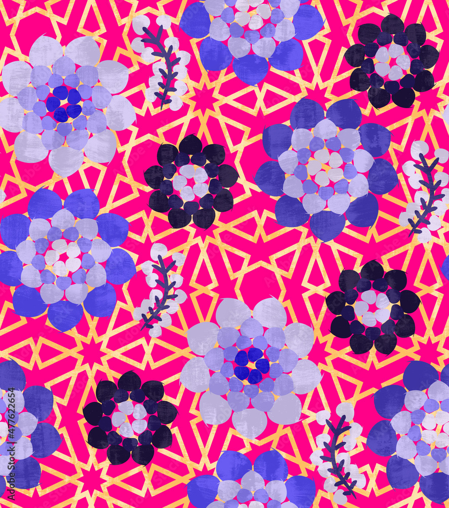 Abstract Moroccan Style Dahlias Florals Interior Concept Seamless Pattern Geometrical Backdrop