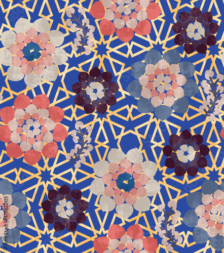 Abstract Moroccan Style Dahlias Florals Interior Concept Seamless Pattern Geometrical Backdrop