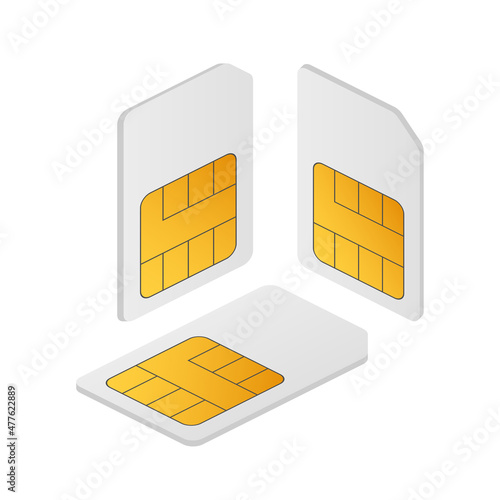 Vector mobile cellular phone sim card chip Isolated on white background. Isometric view.