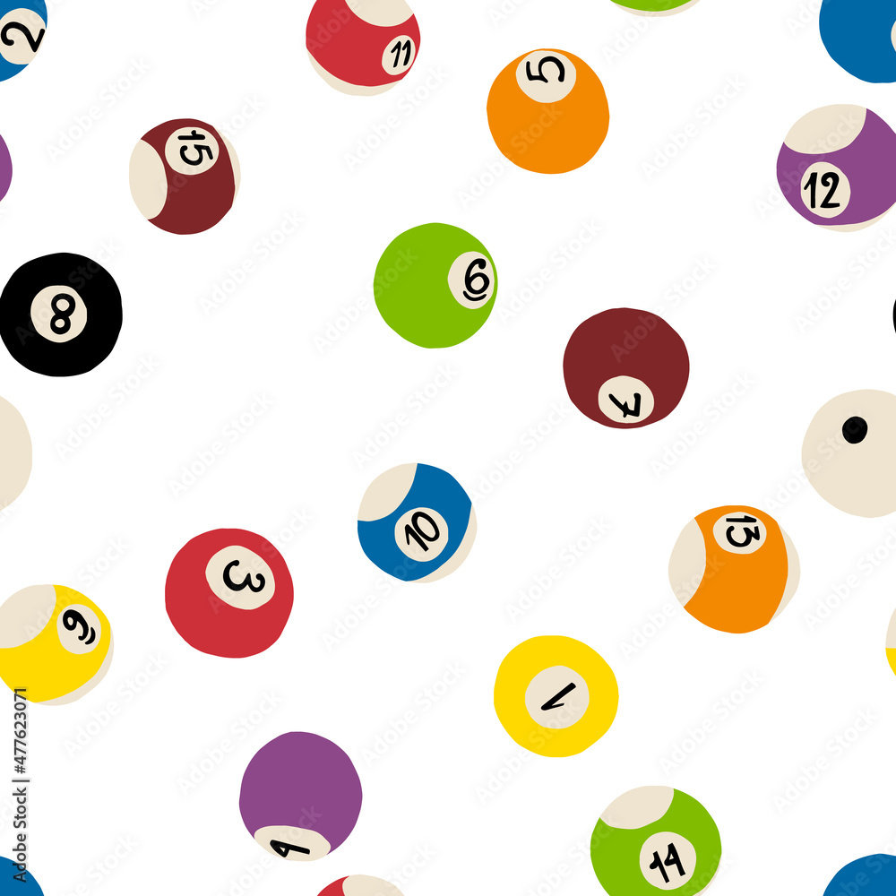 Funny hand-drawn pool, billiard game seamless pattern on isolated background. Ball with numeration. Vector illustration Funny hand-drawn pool, billiard game seamless pattern on isolated background. Ball with numeration. Vector illustration