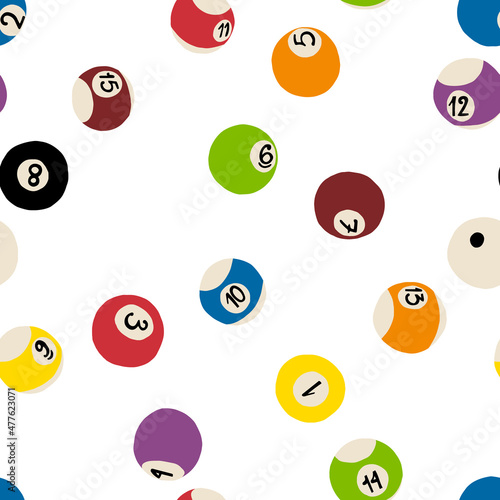 Funny hand-drawn pool, billiard game seamless pattern on isolated background. Ball with numeration. Vector illustration