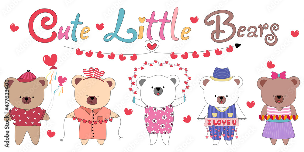 Vector illustration set, cute little bear with decorations. In Valentine's themes for cards, gifts, backgrounds, Valentine's Day decorations, covers, t-shirt designs, pillow patterns, and more. Vector illustration set, cute little bear with decorations. In Valentine's themes for cards, gifts, backgrounds, Valentine's Day decorations, covers, t-shirt designs, pillow patterns, and more.