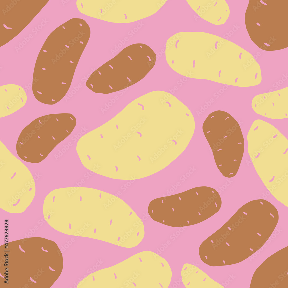 Fresh potatoes white and brown on a pink background, seamless pattern. Vector, color illustration. Fresh potatoes white and brown on a pink background, seamless pattern. Vector, color illustration.