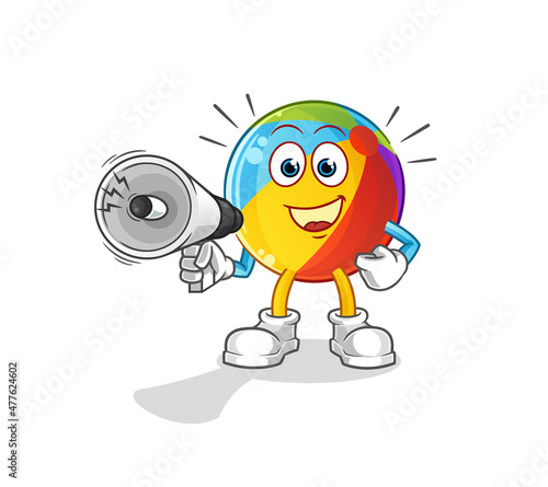 beach ball holding hand loudspeakers vector. cartoon character