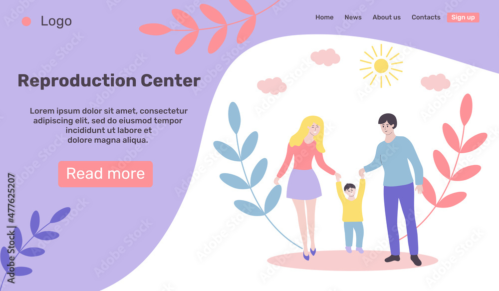 Web page design template for reproduction center. Happy young family on a walk. Family day, leisure, sport time, active walks, healthy lifestyle, outdoor activity, happiness and love concept. Web page design template for reproduction center. Happy young family on a walk. Family day, leisure, sport time, active walks, healthy lifestyle, outdoor activity, happiness and love concept.
