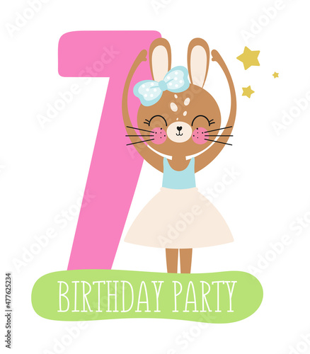 Birthday Party, Greeting Card, Party Invitation. Kids illustration with Cute Rabbit Ballerina and with the inscription seven. Vector illustration in cartoon style.