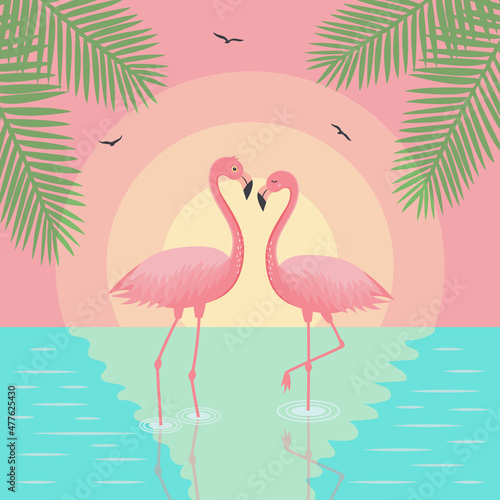 Landscape with sunset  couple of flamingos  palm leaves and seagulls. Valentine s day  love or summer concept.