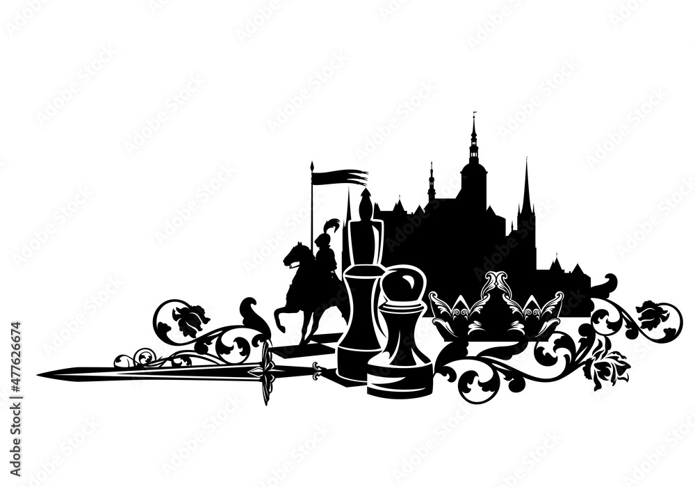chess pieces on a game board surrounded by fantasy silhouettes of knight, castle, sword and royal crown -  black and white vector outline of king, pawn and fairy tale checkerboard