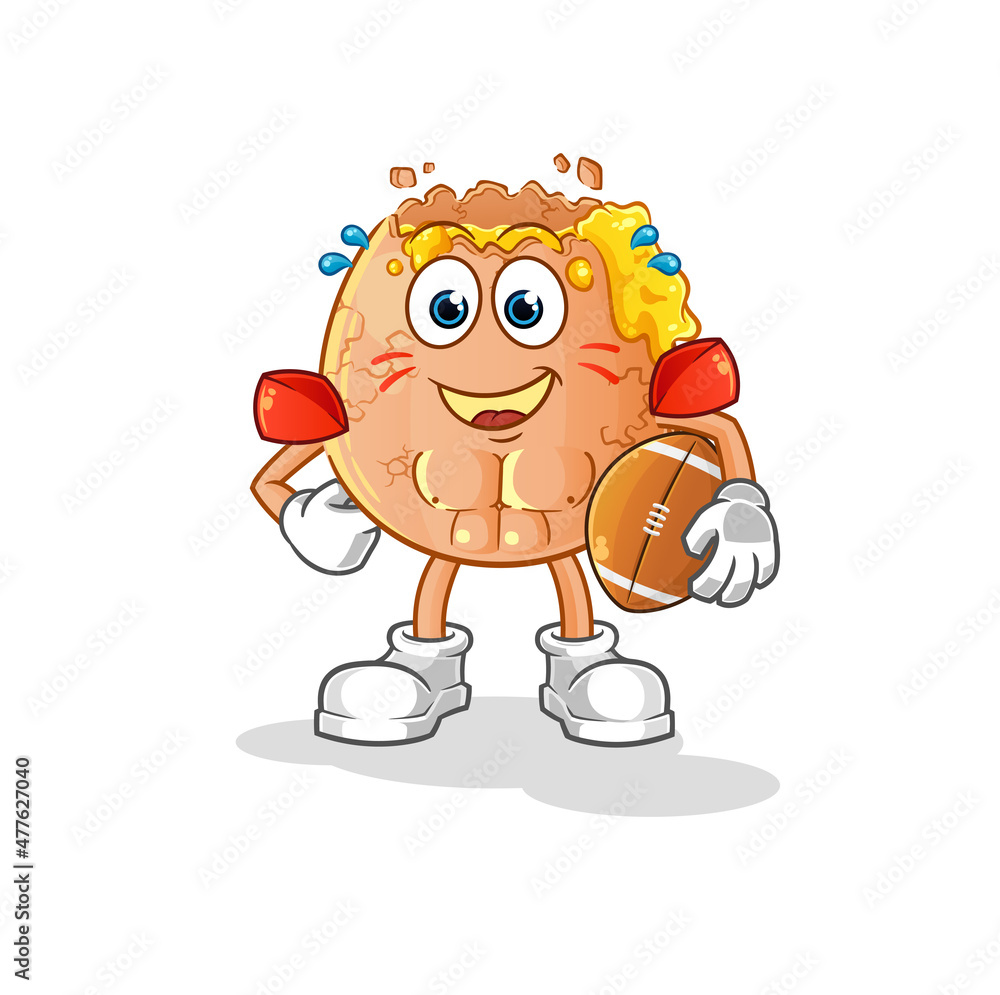 broken egg playing rugby character. cartoon mascot vector