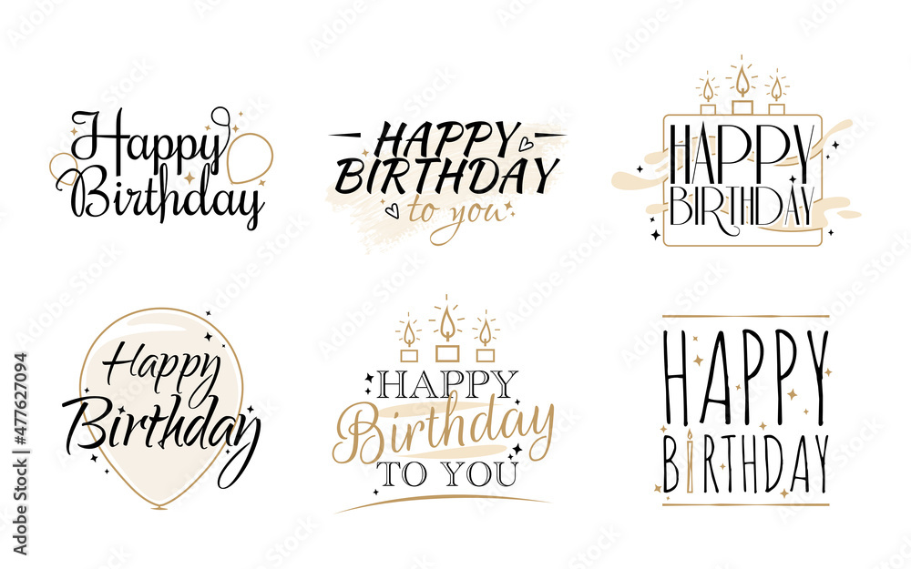 Happy Birthday gold invitation card icons with balloons and cakes Stock ...
