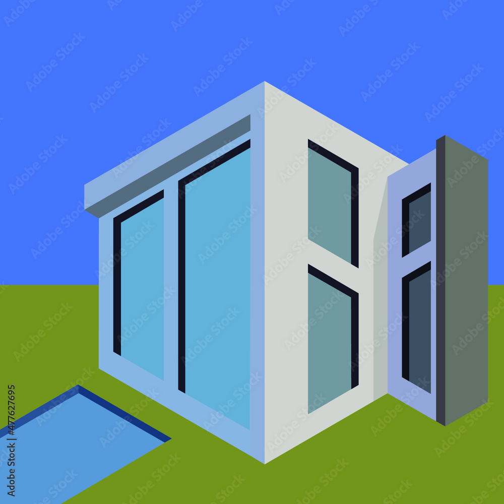 Isometric modern house, small house with pool and large windows Isometric modern house, small house with pool and large windows