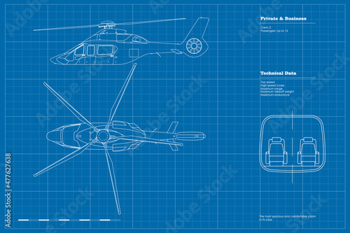 Outline business helicopter drawing. Top, side view of civil copter. Luxury venicle blueprint. Private aviation. Industrial brochure