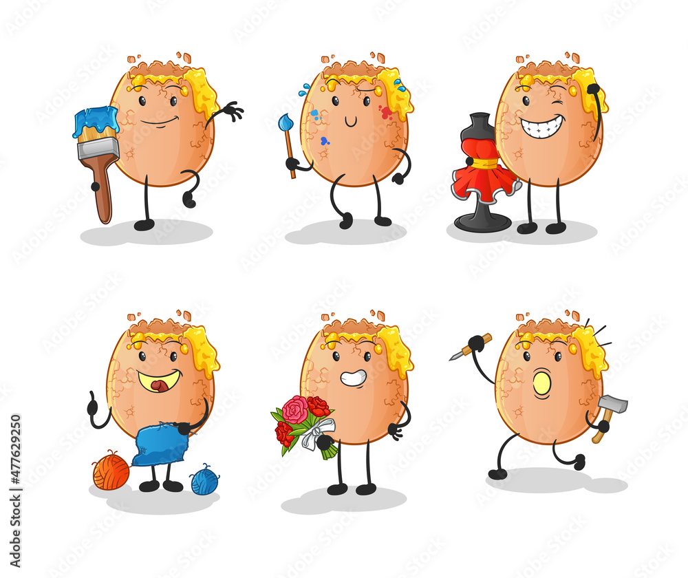broken egg artist group character. cartoon mascot vector broken egg artist group character. cartoon mascot vector