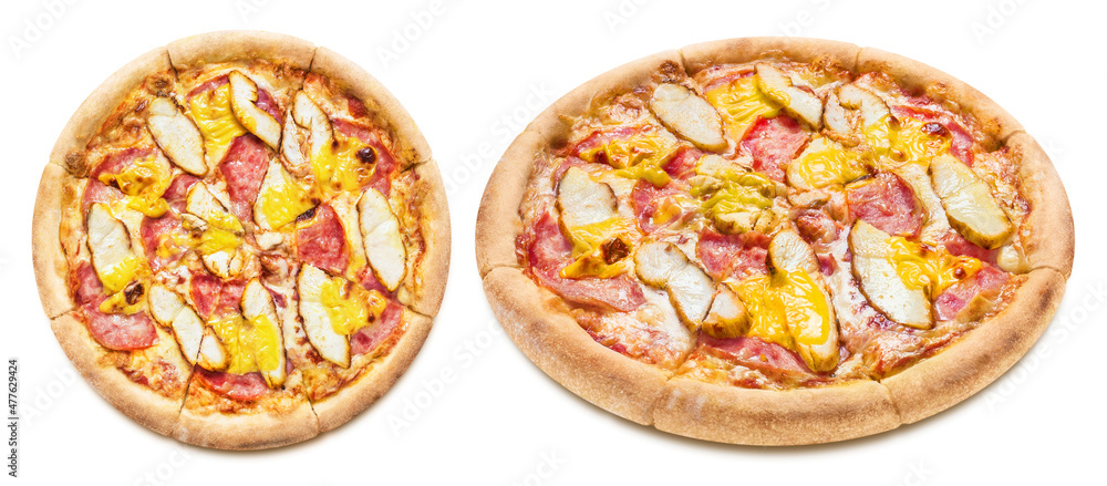 Delicious pizza with chicken fillet, ham, mozzarella and cheddar cheese, isolated on white background Delicious pizza with chicken fillet, ham, mozzarella and cheddar cheese, isolated on white background