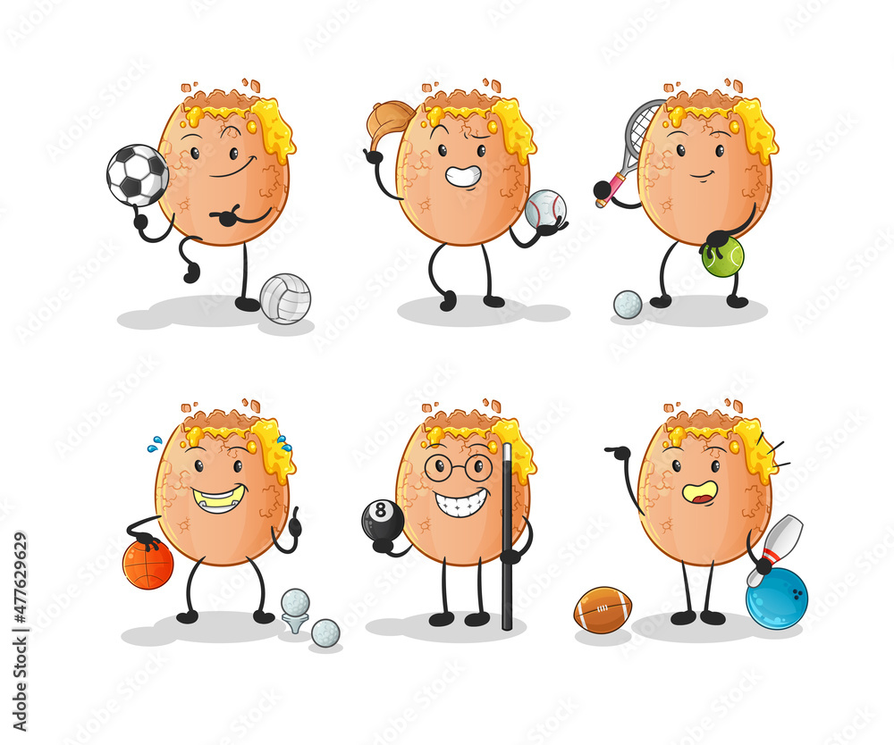 broken egg sport set character. cartoon mascot vector broken egg sport set character. cartoon mascot vector