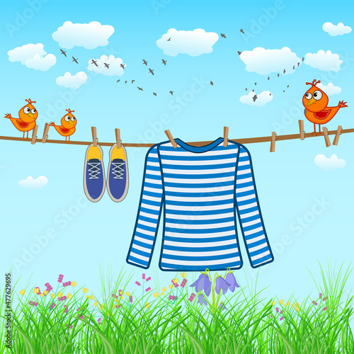 Striped shirt hang on the rope on sky and grass background. Laundry hanging on washing line on sunny day. . Clear shirt and shoes drying on clothesline with clothespins and birds. Vector illustration