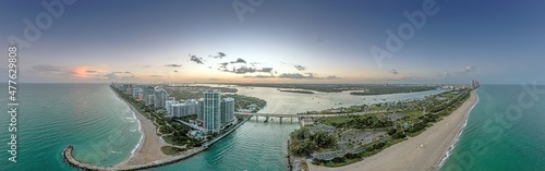 Drone panorama over Miami Beach skyline at eveing time