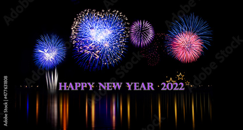Happy New Year 2022 letters Beautiful Firework White
 black background design greeting card  