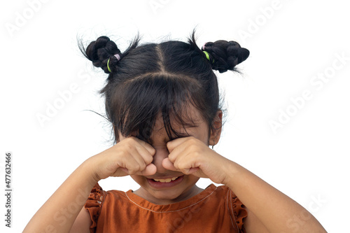 Asian little girl is crying and used hand covering her face isolated on white background. photo