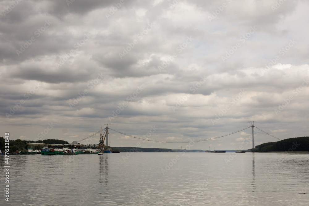The Braila Bridge construction site, a bridge over the Danube river between Braila and the opposite bank of the river in Tulcea County. The Braila Bridge construction site, a bridge over the Danube river between Braila and the opposite bank of the river in Tulcea County.