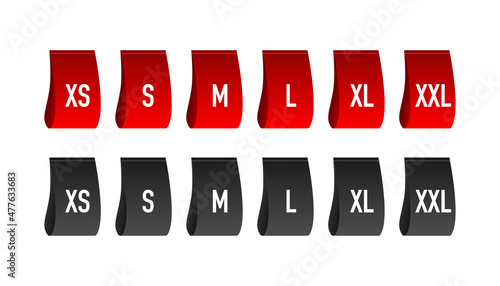 Size clothes tag set in flat style on red background. Vector flat illustration. Set collection.