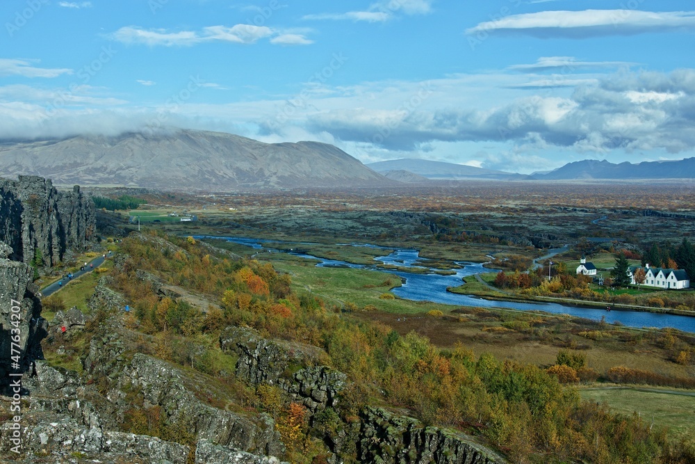 Iceland-view of Thingvellir church and houses next to church