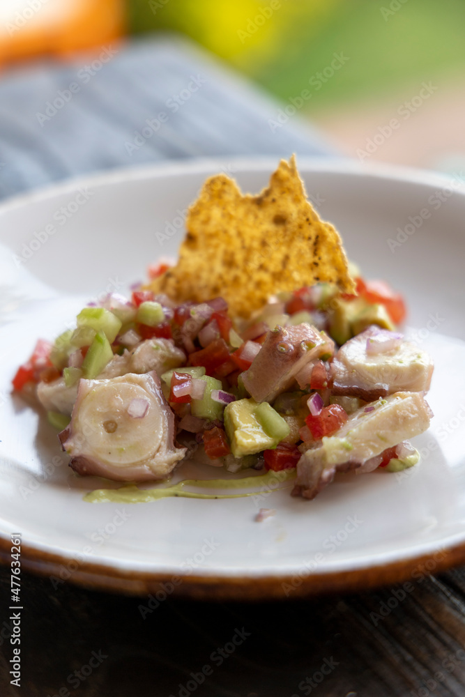 A plate of Octopus Ceviche with Avocado A plate of Octopus Ceviche with Avocado