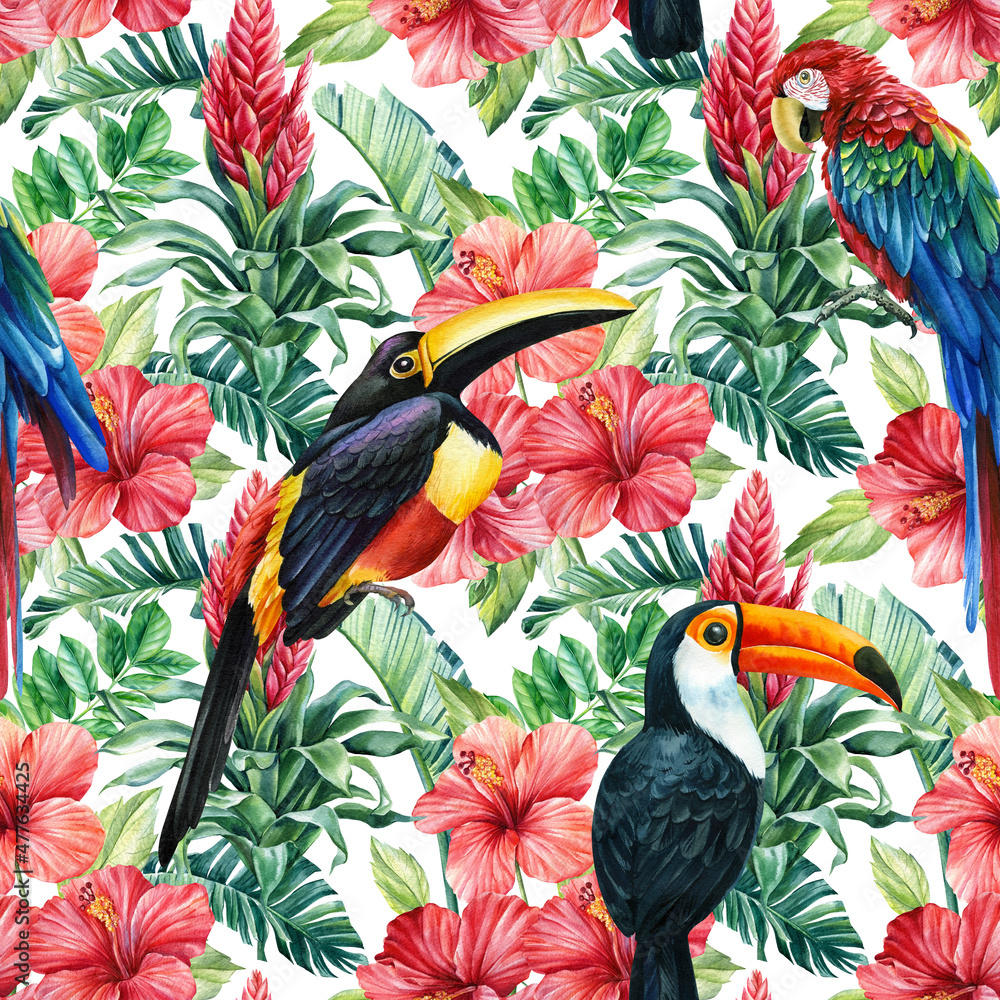 Fototapeta premium Summer exotic jungle plant tropical palm leaves, flowers. Seamless graphic design, birds toucan, parrots watercolor