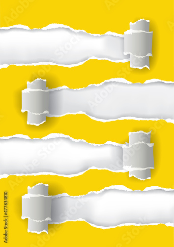 
Yelloow ripped paper rolled up, banner template.
Illustration of yelloow torn paper with place for your image or text. Vector available.