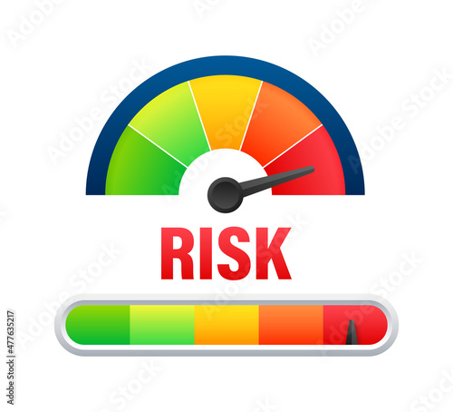 Risk icon on speedometer. High risk meter. Vector illustration.