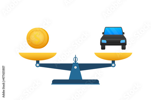 Money vs car vector illustration. Flat icon on white backdrop. Flat vector cartoon money illustration.