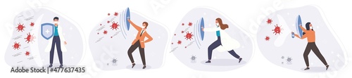 Fight and protect Coronavirus concept. Medical staff fight protective shield with pandemic. Vector illustration