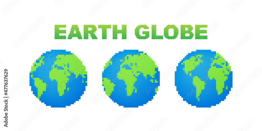 Set Earth globes isolated on white background. Pixel style planet Earth icon. Vector stock illustration. Set Earth globes isolated on white background. Pixel style planet Earth icon. Vector stock illustration.