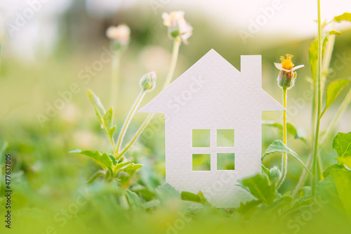 white paper house and flower in morning garden.homeless housing and home protection insurance concept, international day of families, foster home care, family, and real estate.