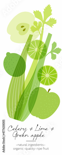 Fruit, herb and vegetables detox. Apple, lime and celery mix. Beautiful transparency whole and cut fruits.