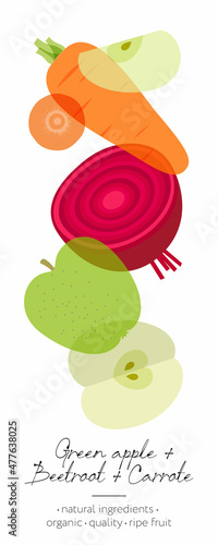 Vegetables and fruit detox. Carrot, apple and beetroot mix. Beautiful transparency whole and cut fruits.